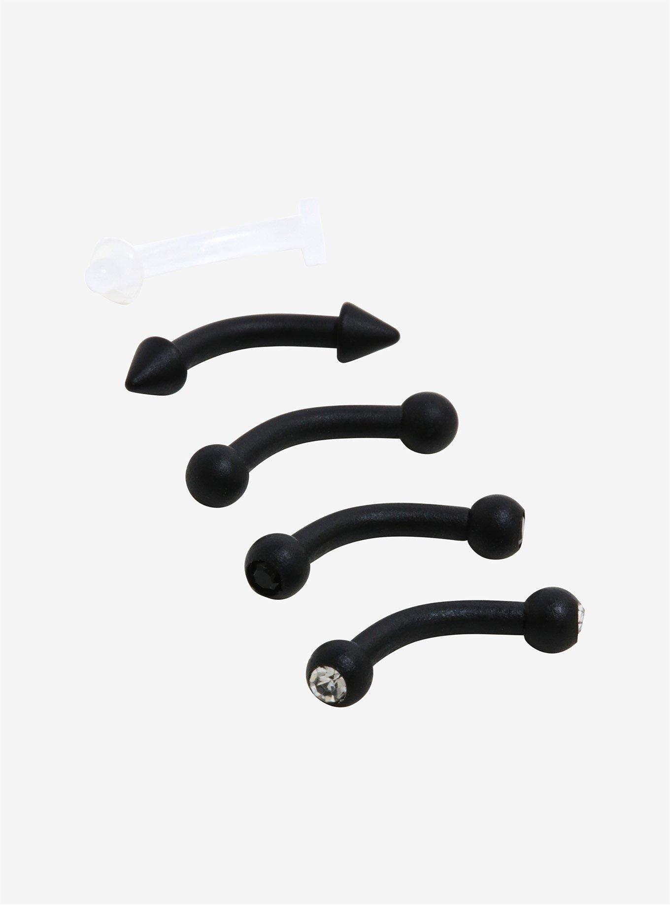 Steel Matte Black Spike & Sparkle Curved Eyebrow Barbell 5 Pack, BLACK, hi-res