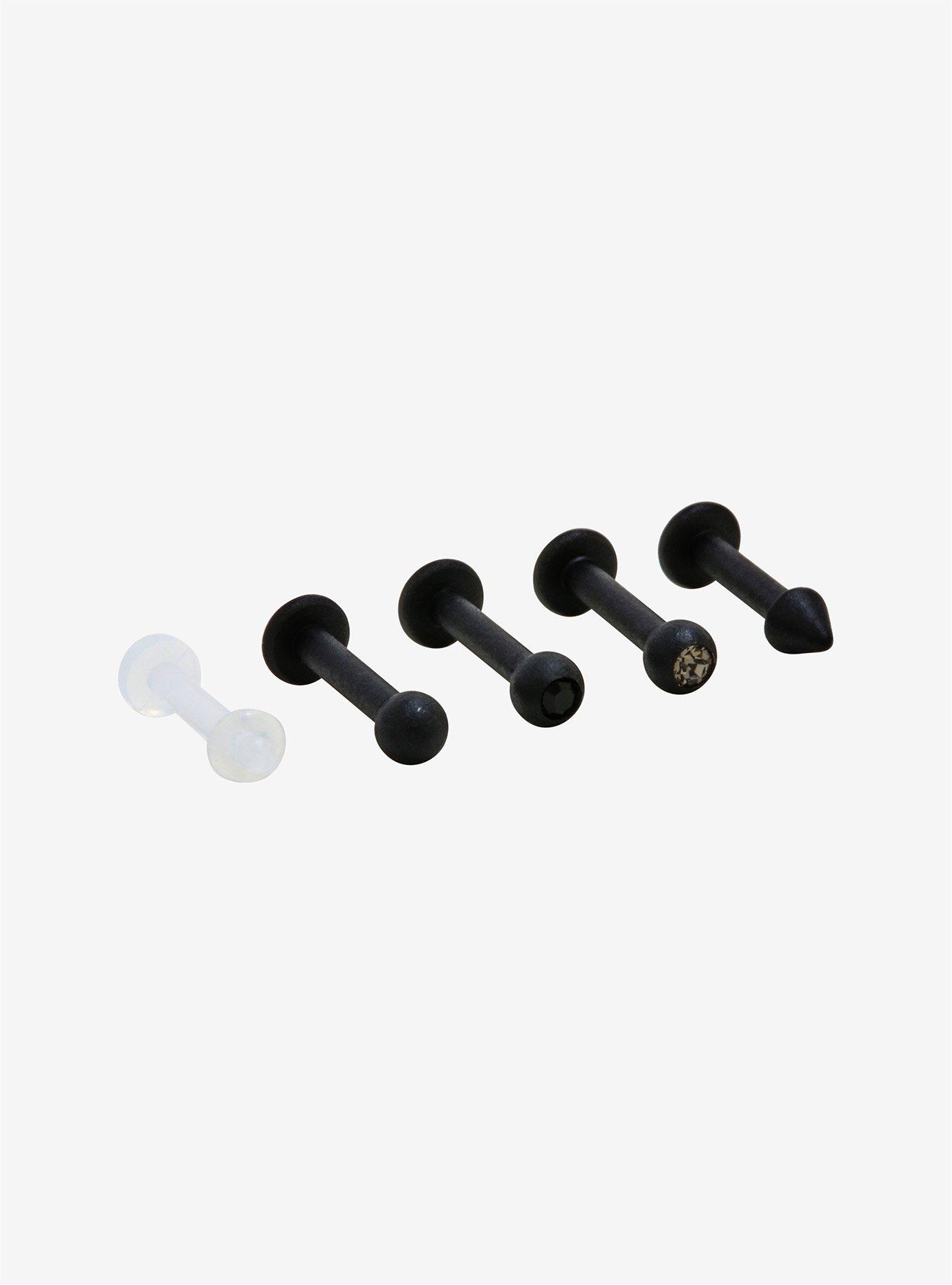 Steel Matte Black Labret Stud & Retainer 5 Pack, BLACK, hi-res