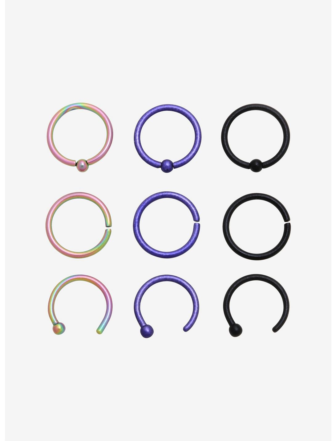 Steel Matte Black Purple Rainbow Seamless Captive & Open Nose Hoop 9 Pack, MULTI, hi-res