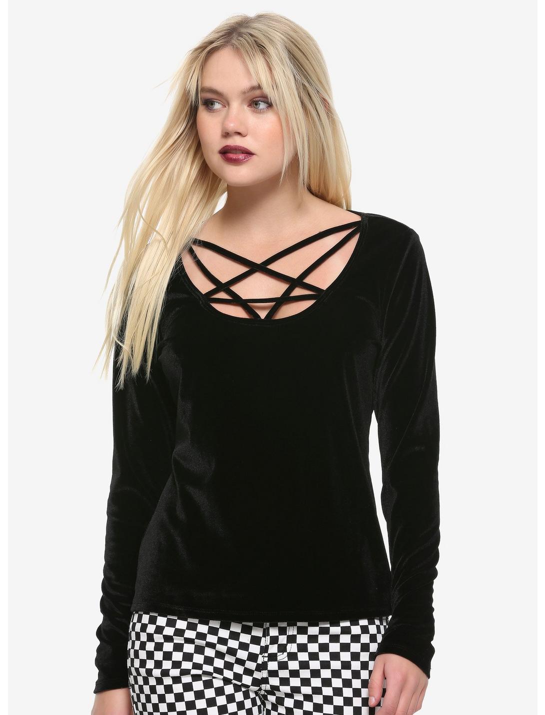 Black Velvet Pentagram Girls Strappy Long-Sleeve T-Shirt, BLACK, hi-res