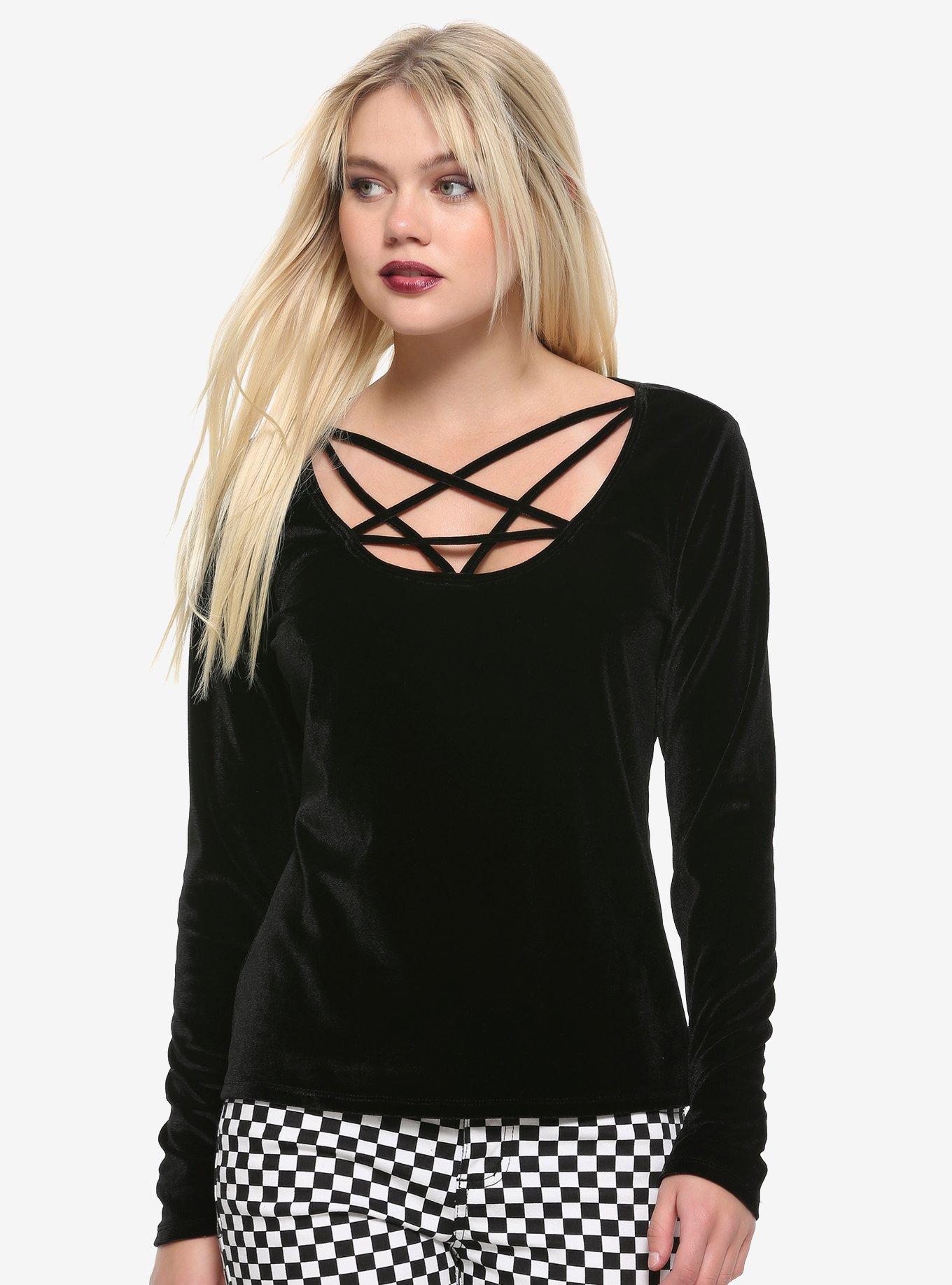 Black Velvet Pentagram Girls Strappy Long-Sleeve T-Shirt, BLACK, hi-res