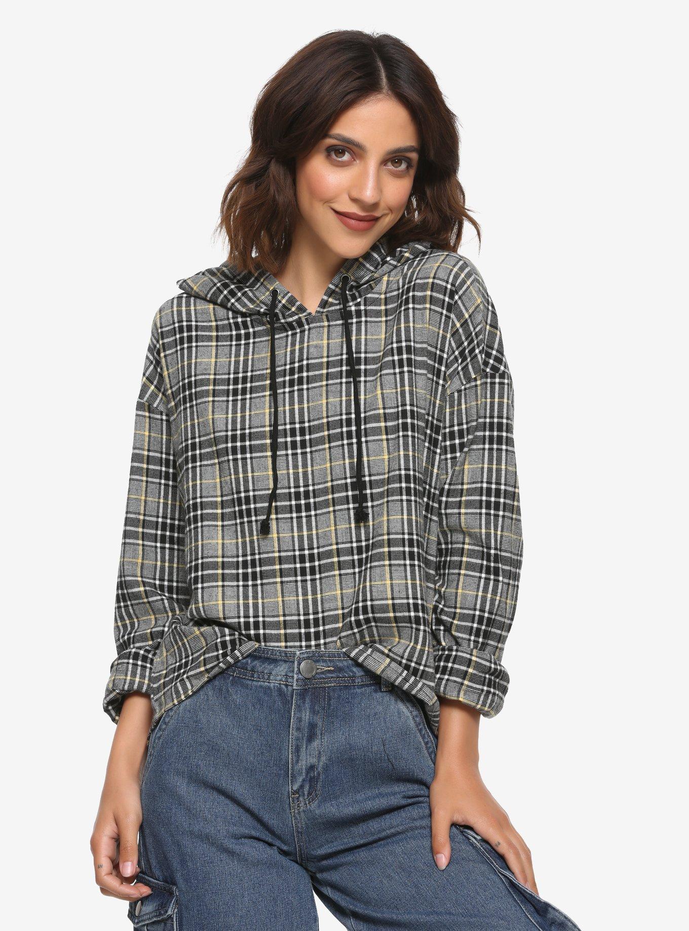 Black & White Plaid Girls Crop Hoodie, WHITE, hi-res