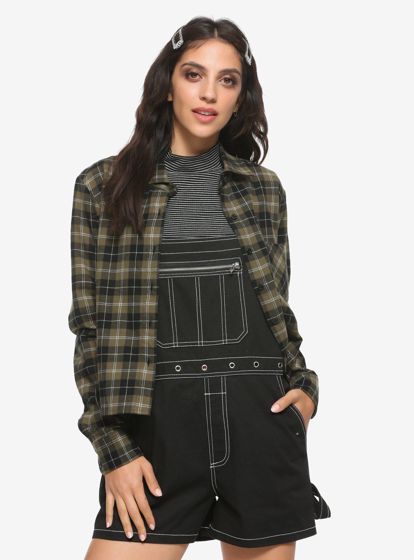 Olive Plaid Lace Skull Girls Button-Up, MULTI, hi-res