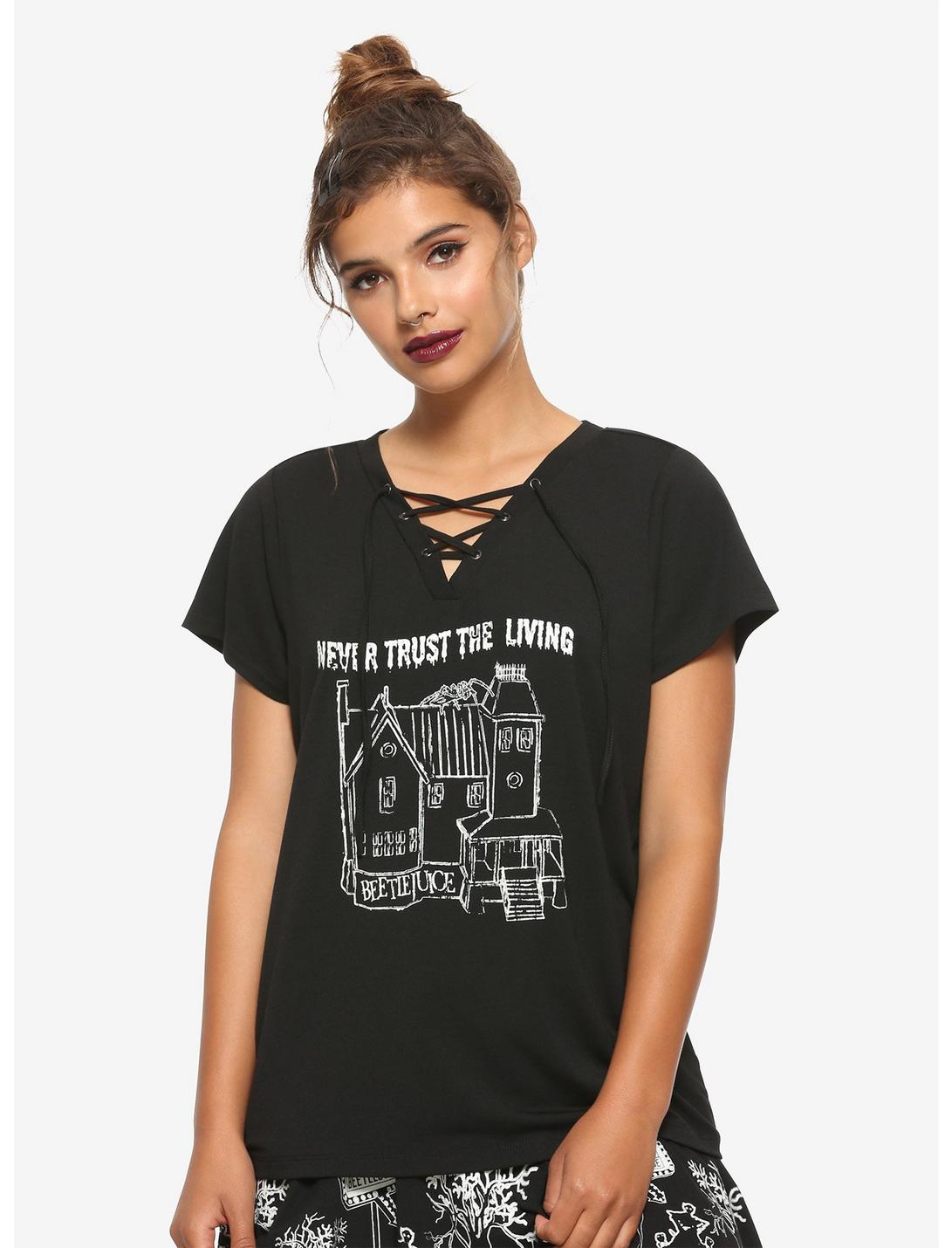 Beetlejuice Never Trust The Living Lace-Up Glow-In-The-Dark Girls Top, GREEN, hi-res