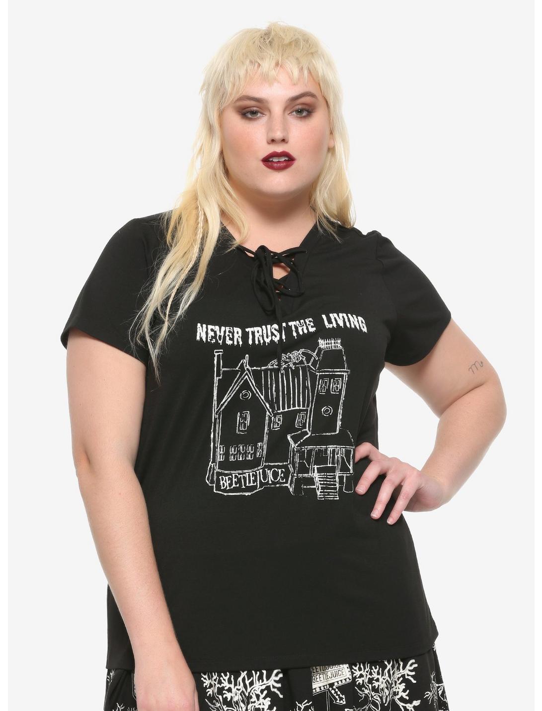 Beetlejuice Never Trust The Living Lace-Up Glow-In-The-Dark Girls Top Plus Size, GREEN, hi-res