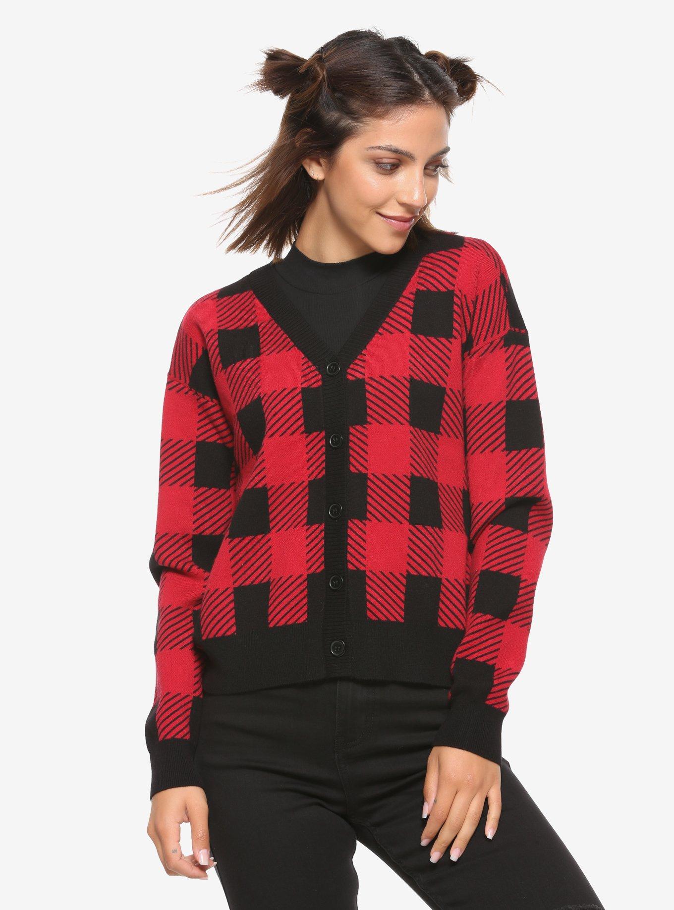 Black & Red Plaid Girls Crop Cardigan, BLACK, hi-res