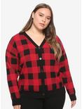 Black & Red Plaid Girls Crop Cardigan Plus Size, BLACK, hi-res