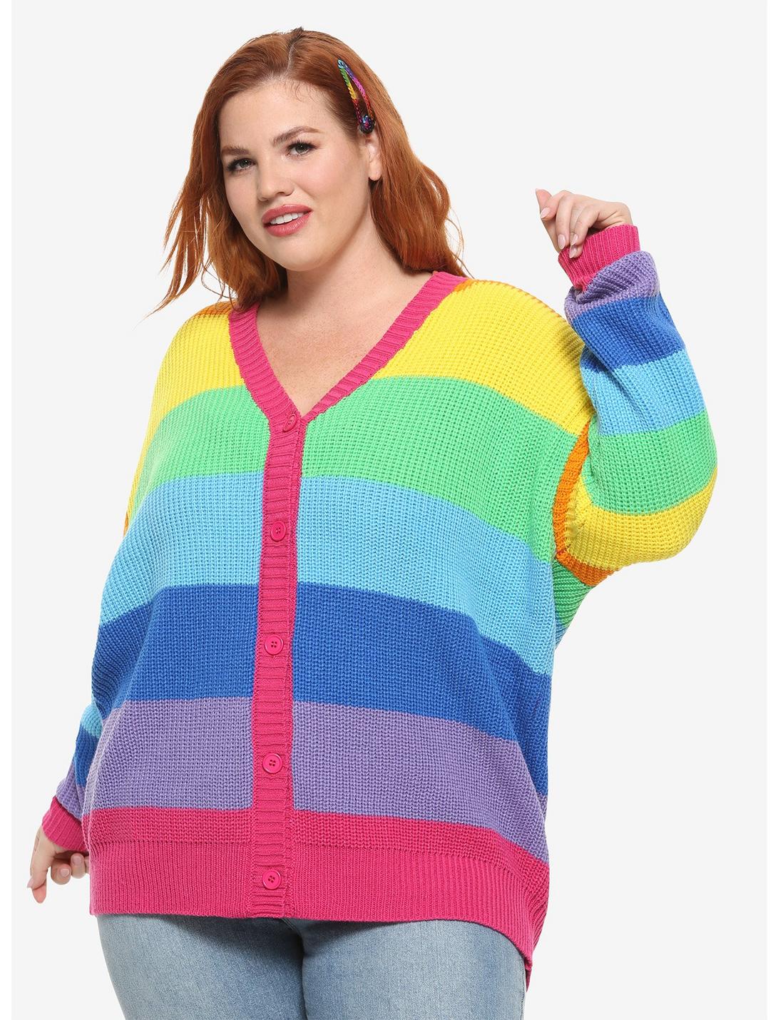 Rainbow Stripe Girls Oversized Cardigan Plus Size, MULTI, hi-res