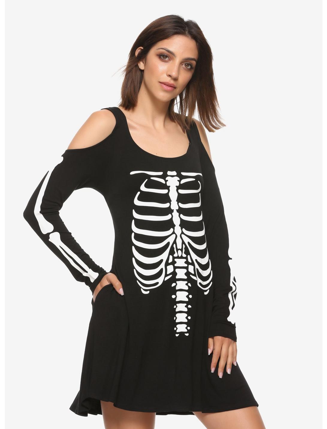 Skeleton Cold Shoulder Dress, BLACK, hi-res