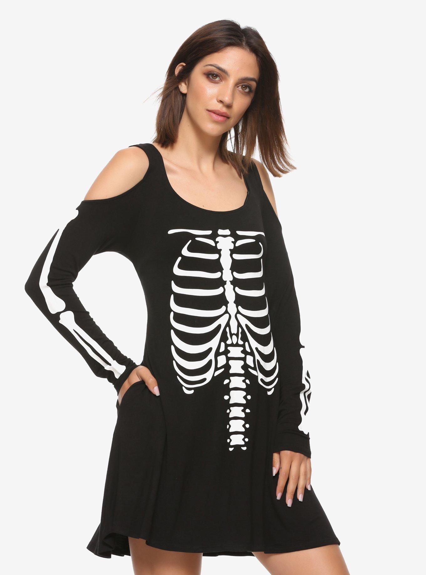 long sleeve skeleton dress Amazon.com: HDE Women's Skeleton Dress Spooky Long Sleeve Bones Mini Dress  Halloween Party Costume Fitted Stretchy Bodycon with Half Zip Black