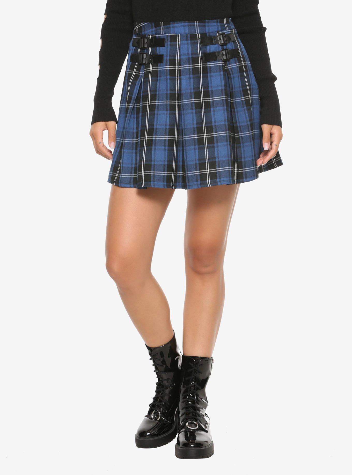 Blue Plaid Pleated Double Buckle Skirt | Hot Topic