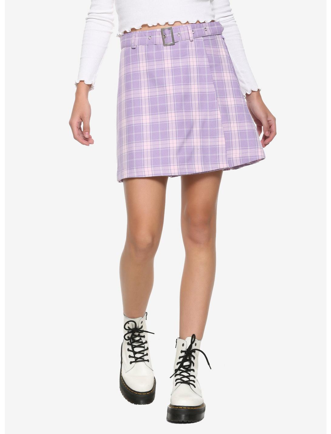Pastel Purple Pleated & Belted Skirt, PLAID - PURPLE, hi-res