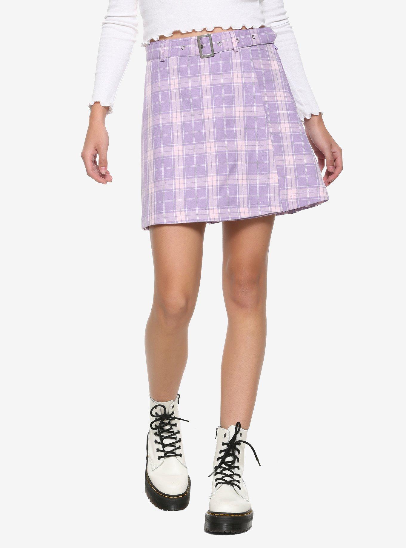 Pastel Purple Pleated & Belted Skirt, PLAID - PURPLE, hi-res