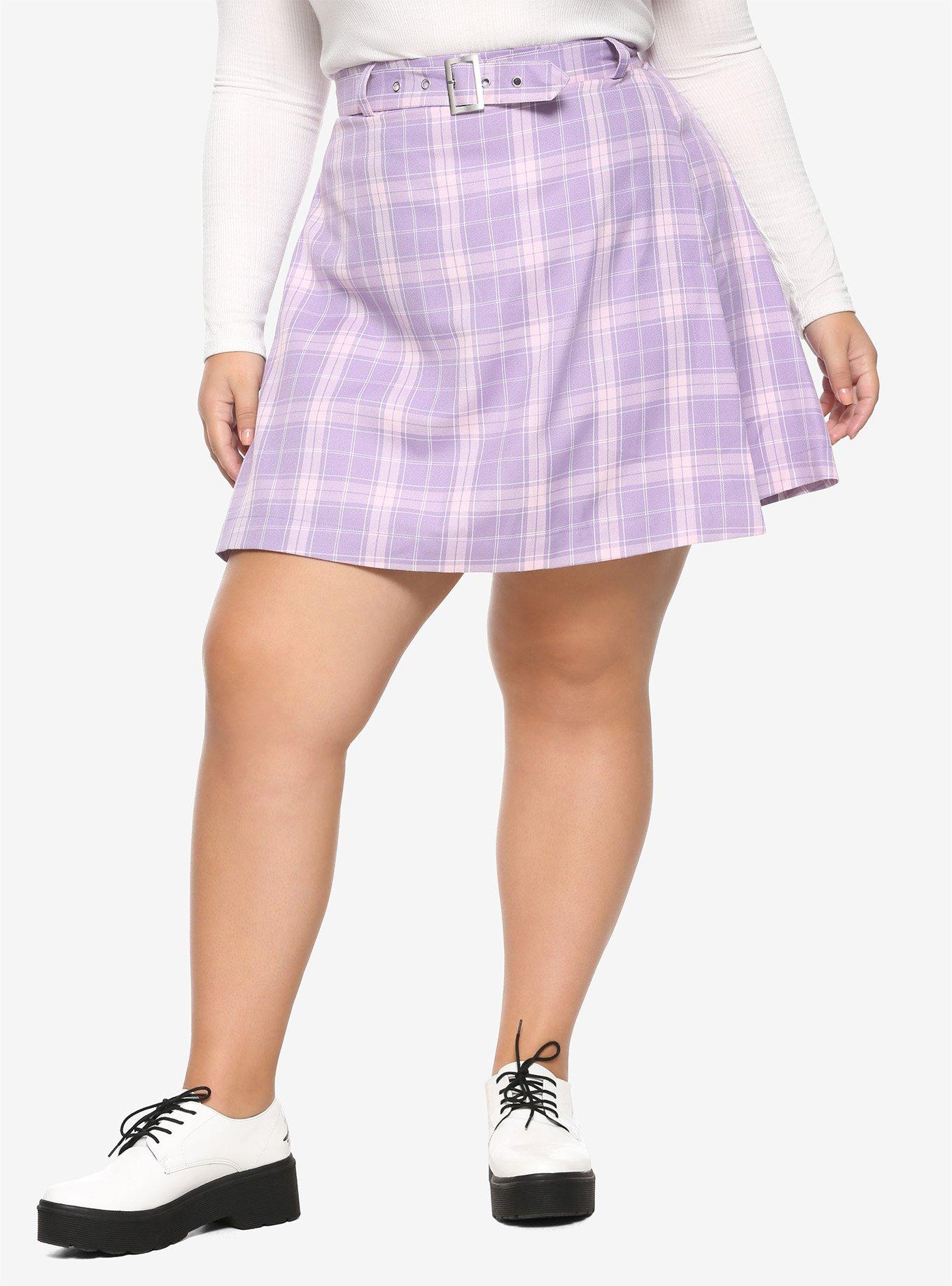Pastel Purple Pleated & Belted Skirt Plus Size, PLAID - PURPLE, hi-res