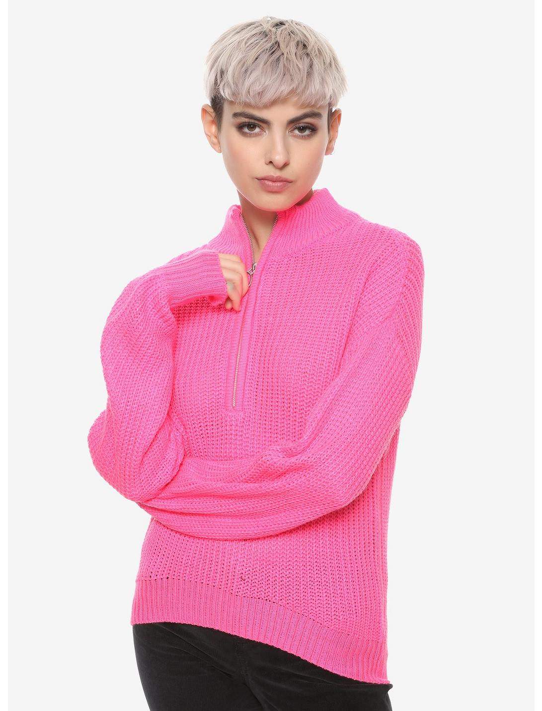 Neon Pink O-Ring Mock Neck Girls Sweater, FUSCHIA, hi-res