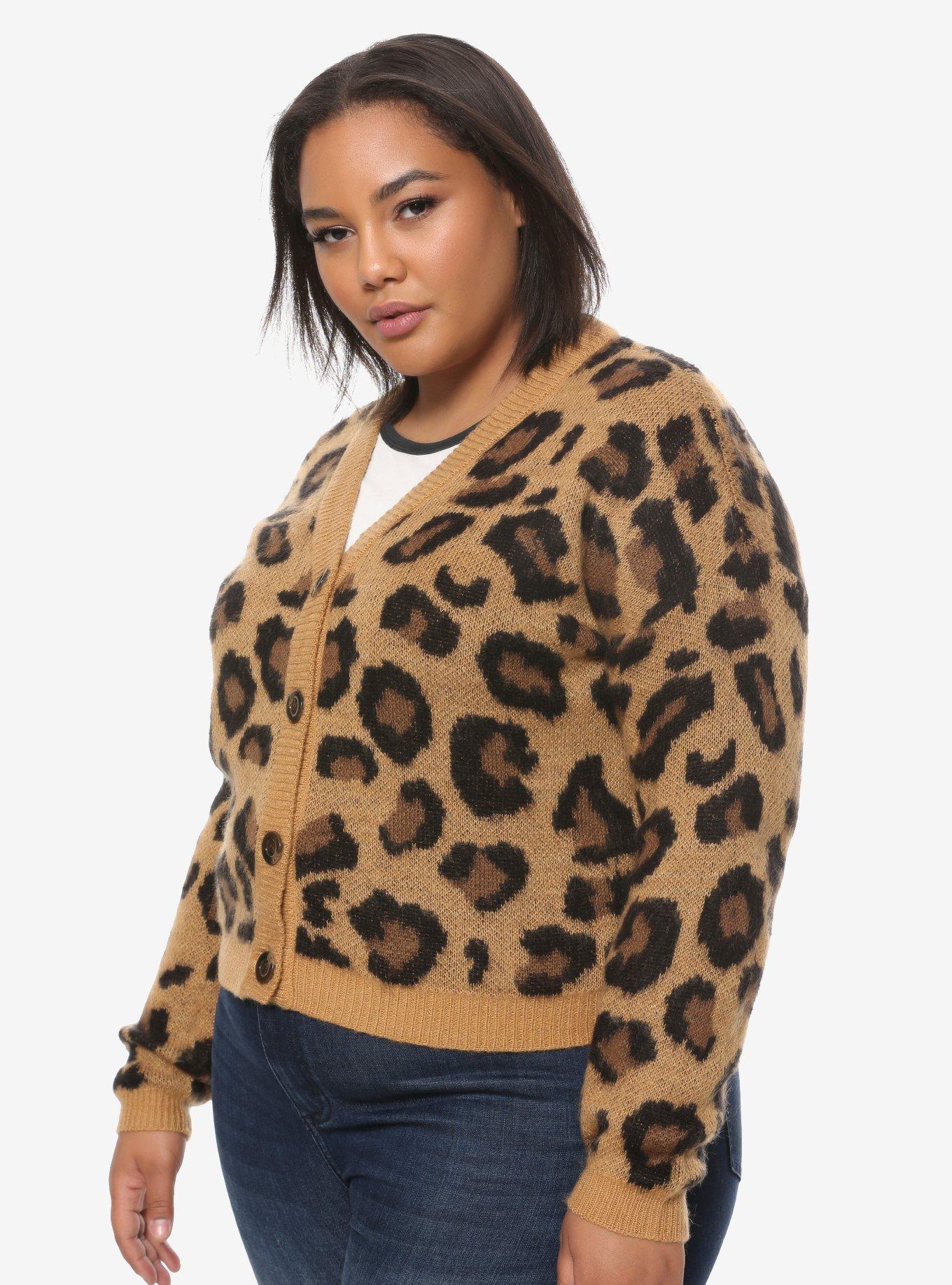 Leopard Print Girls Crop Cardigan Plus Size, LEOPARD, hi-res