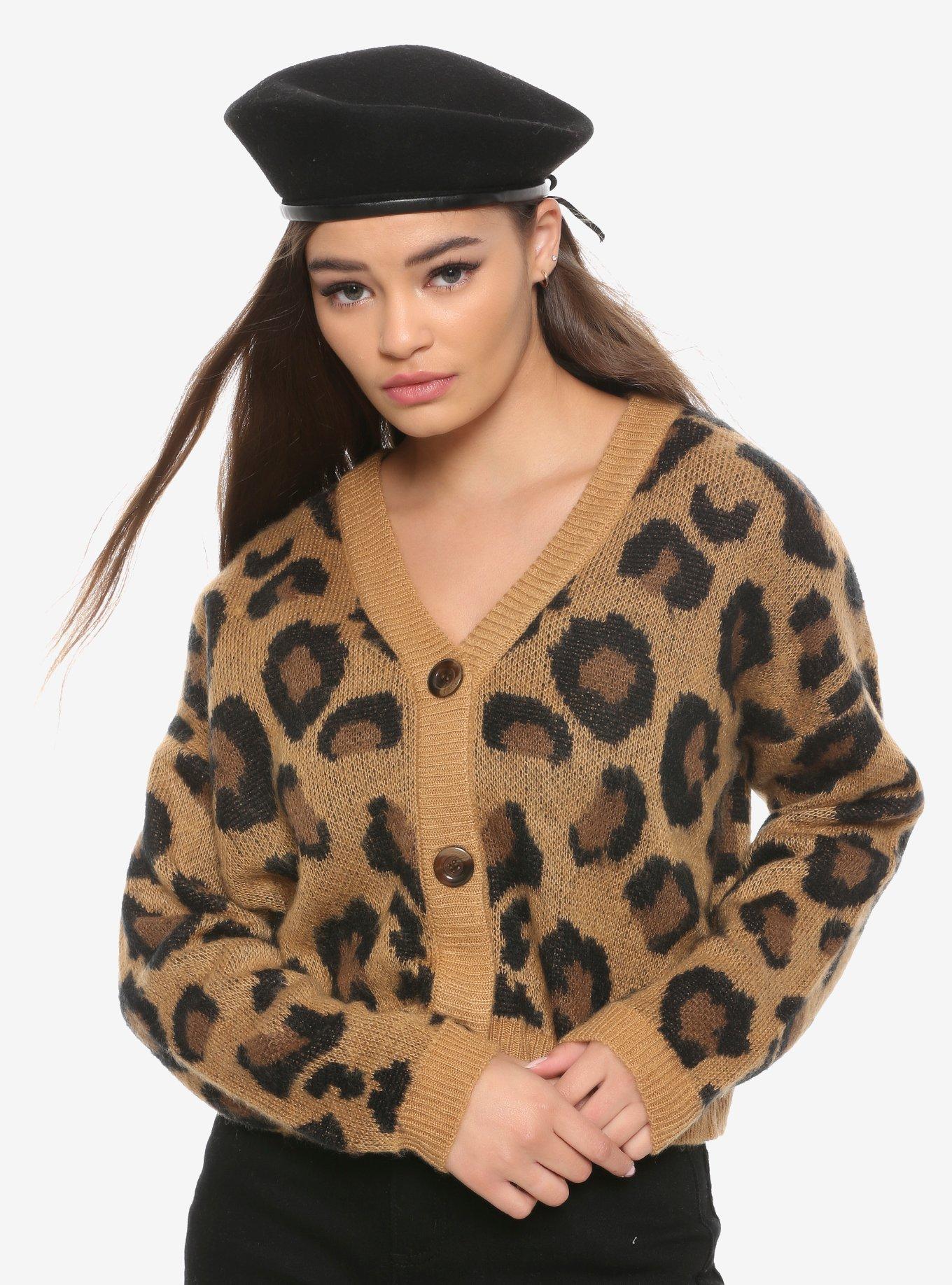 Leopard Print Girls Crop Cardigan, LEOPARD, hi-res