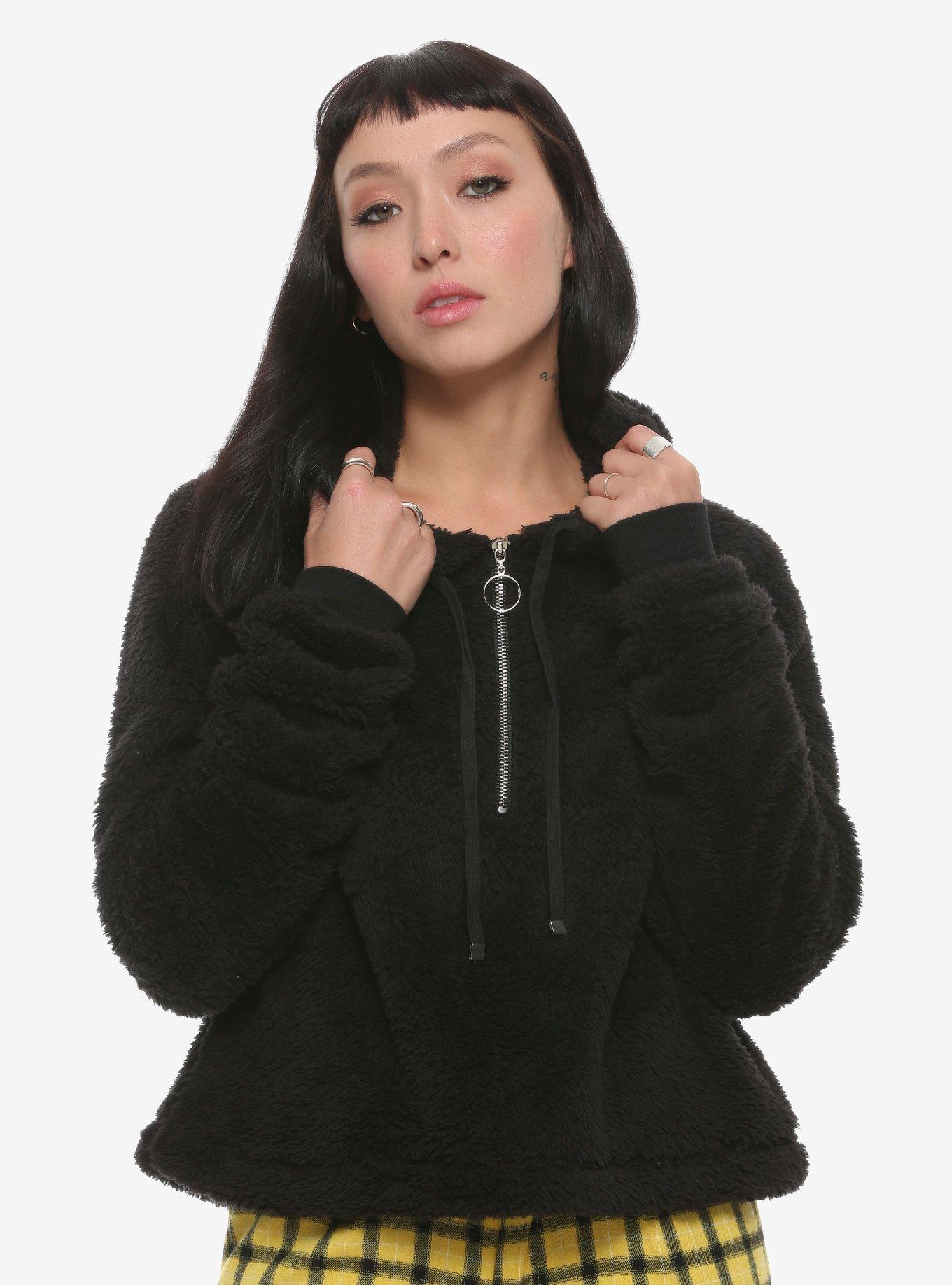 Black Fuzzy Half-Zipper Girls Hoodie, BLACK, hi-res