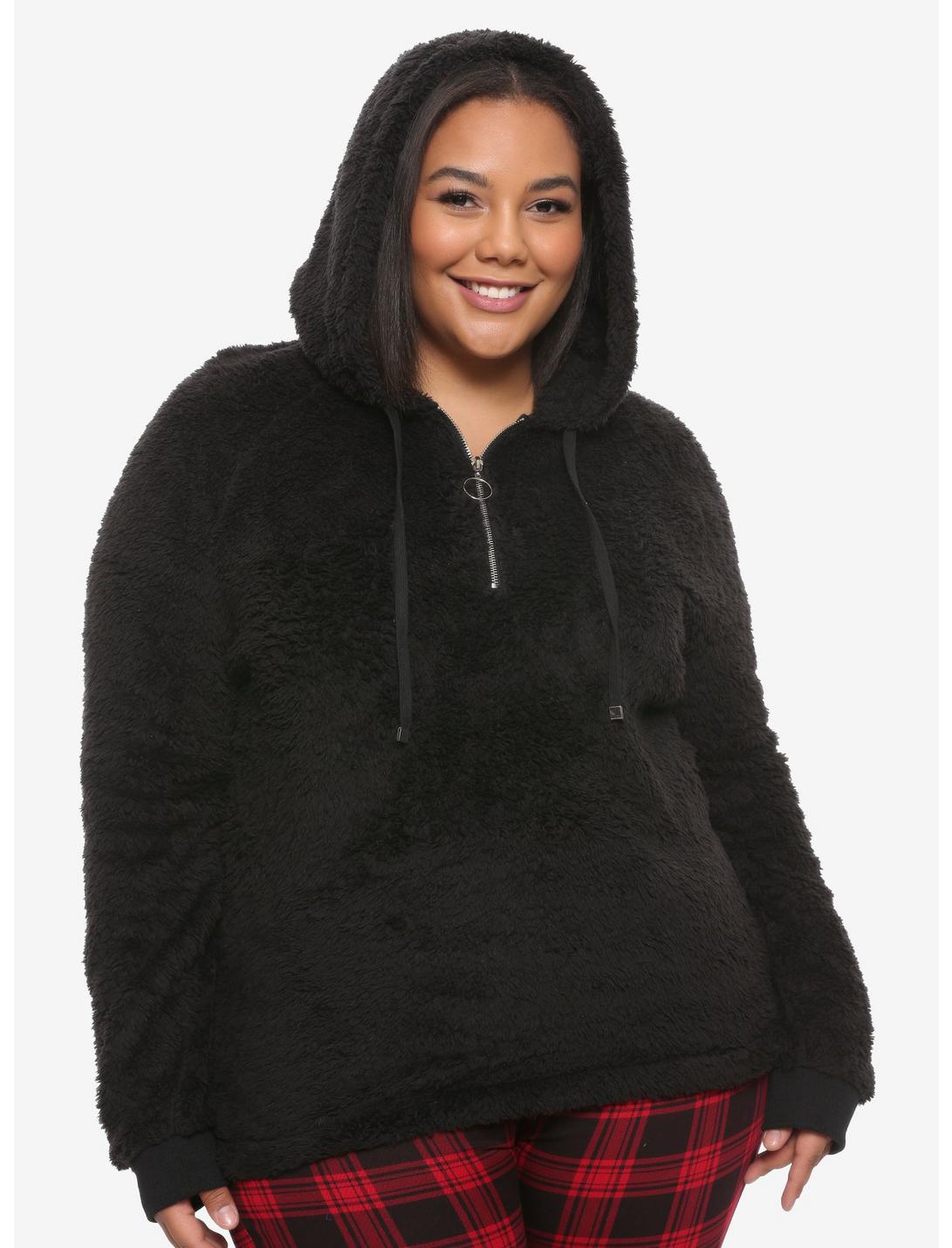 Black Fuzzy Half-Zipper Girls Hoodie Plus Size, BLACK, hi-res