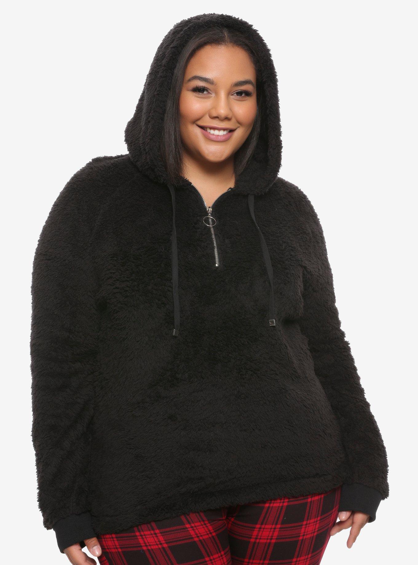 Black Fuzzy Half-Zipper Girls Hoodie Plus Size, BLACK, hi-res