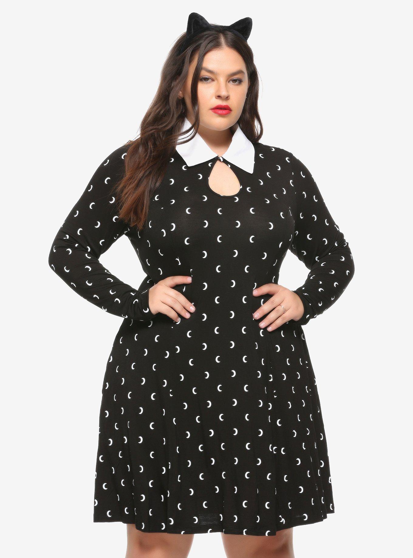 Moon Print Long-Sleeve Collared Dress Plus Size, WHITE, hi-res