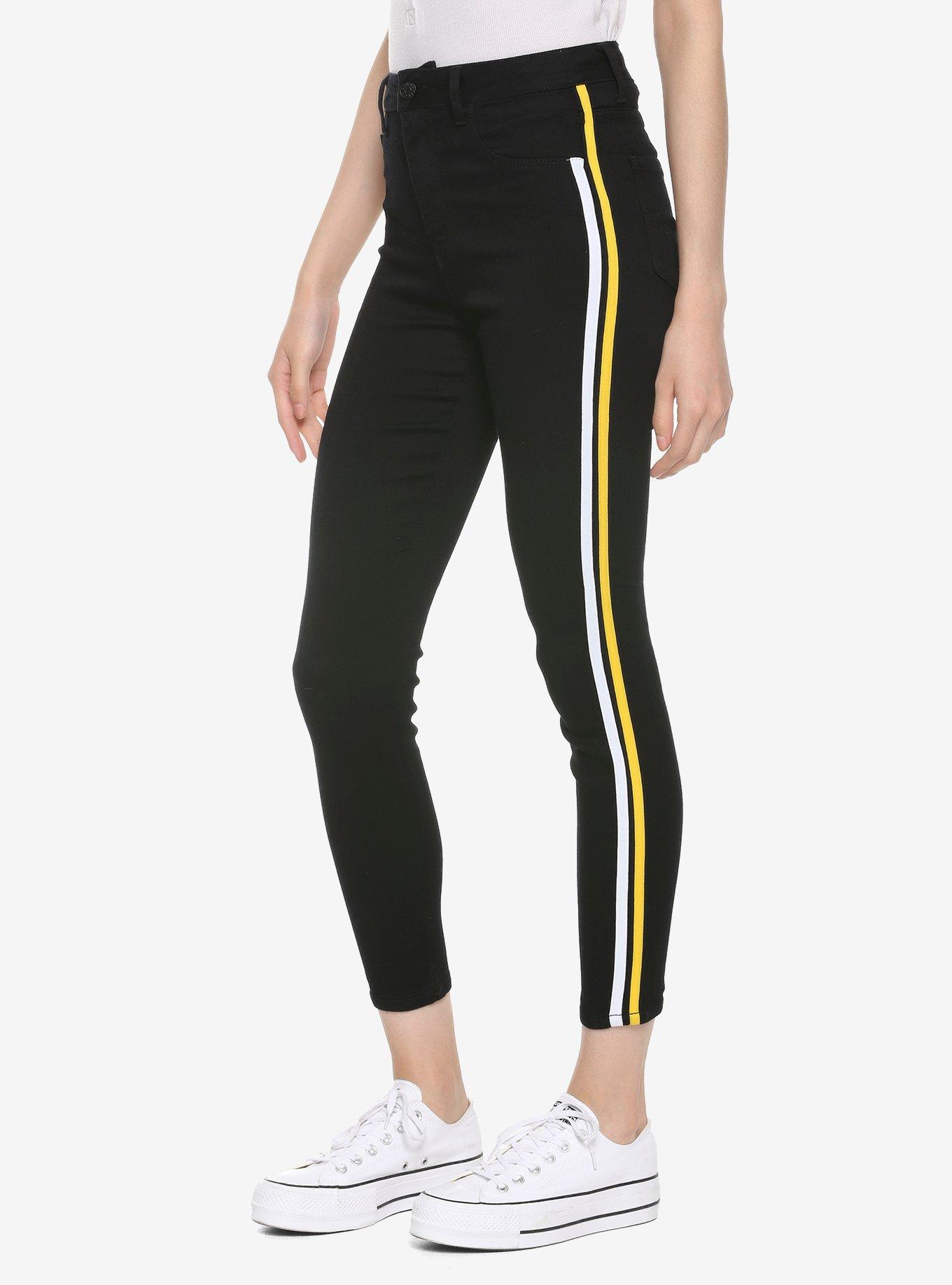 Yellow & White Tape Cropped Black Skinny Jeans, BLACK, hi-res