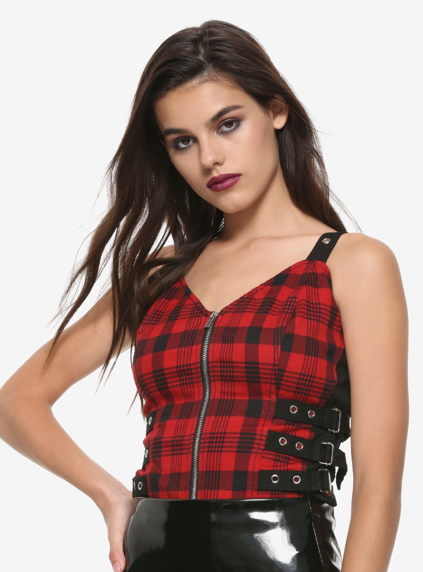 Royal Bones By Trip Plaid Straps & Zipper Corset, BLACK, hi-res