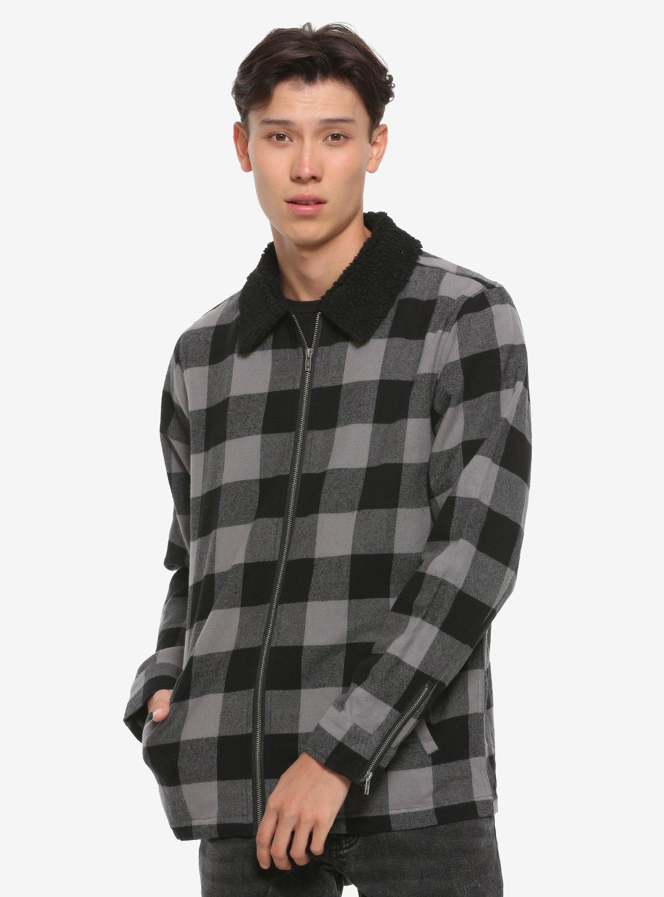 Black & Grey Plaid Sherpa Collar Jacket, MULTI, hi-res