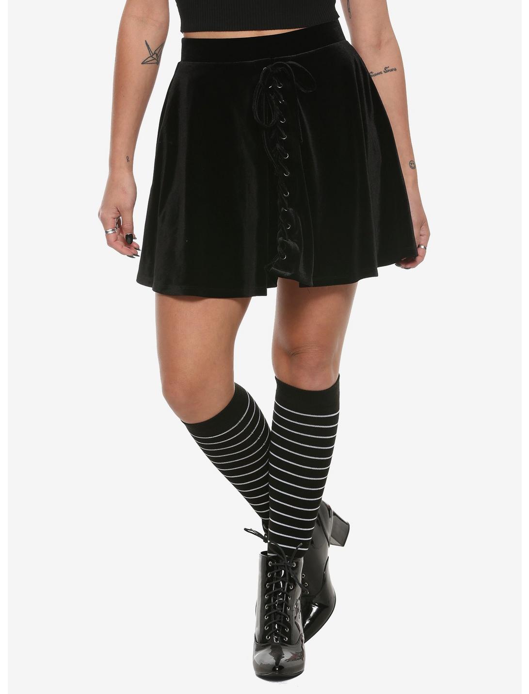 Black Velvet Lace-Up Skater Skirt, BLACK, hi-res