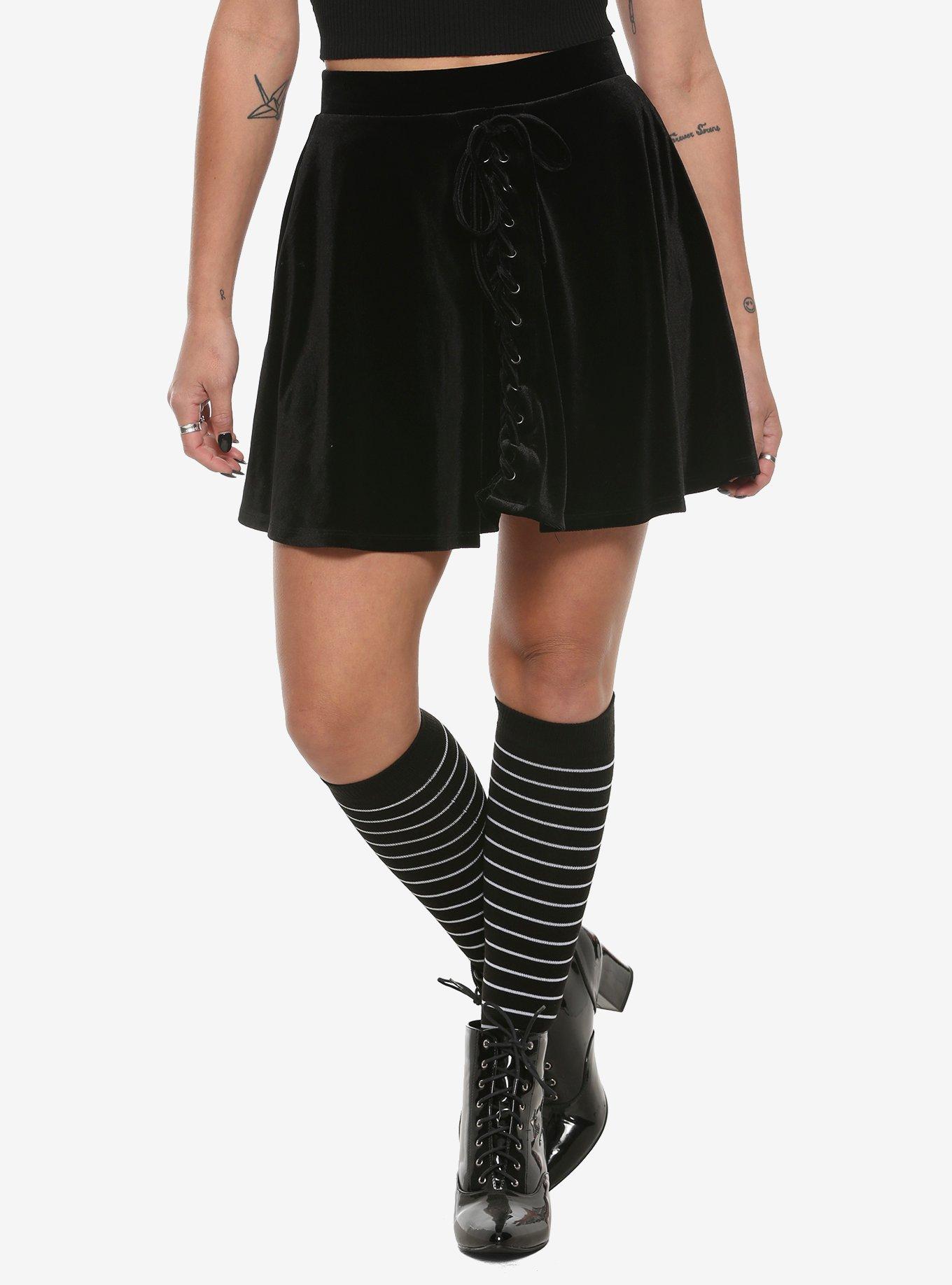 Black Velvet Lace-Up Skater Skirt, BLACK, hi-res