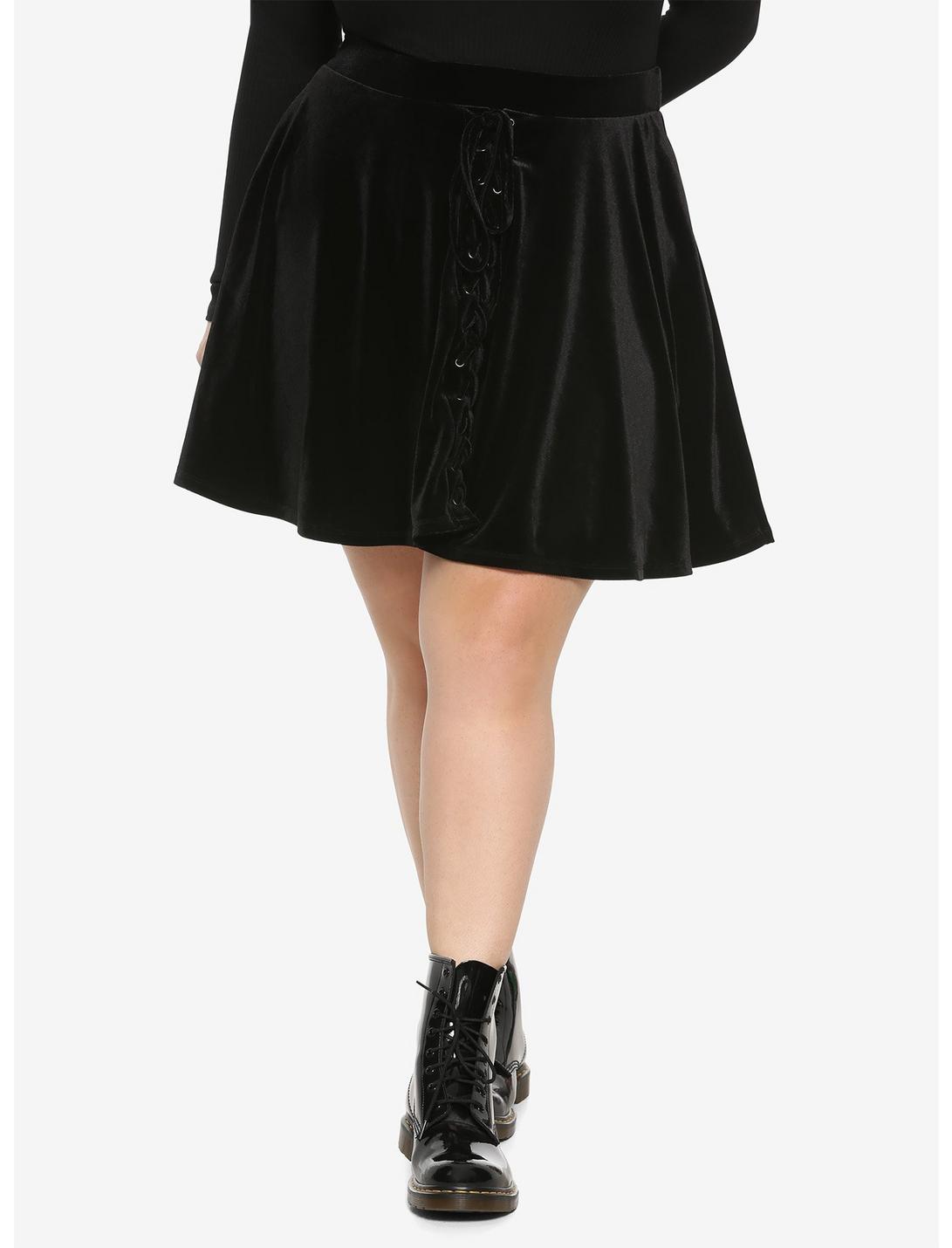 Black Velvet Lace-Up Skater Skirt Plus Size, BLACK, hi-res