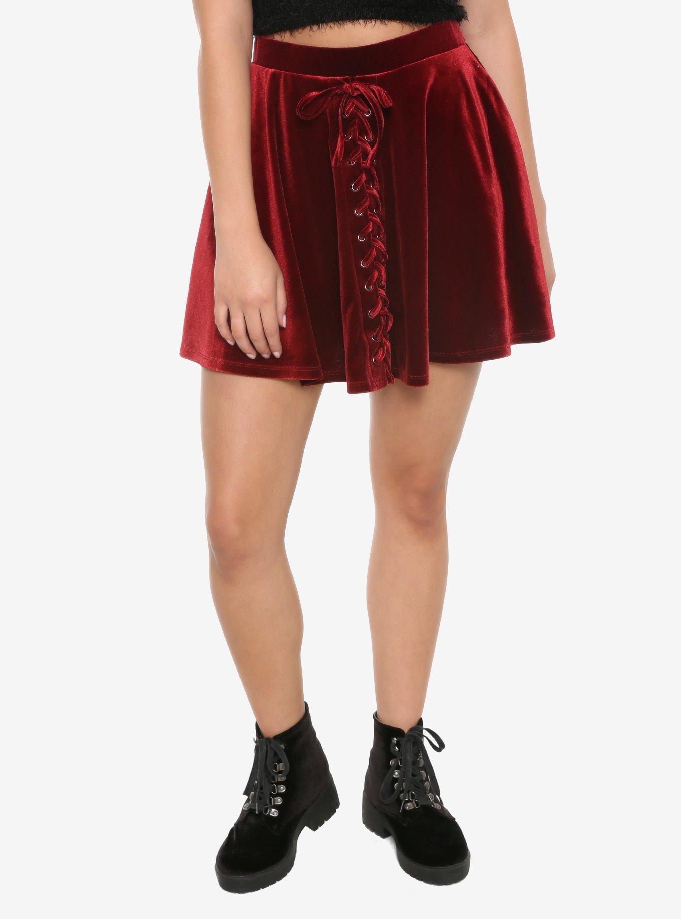 Burgundy Velvet Lace-Up Skater Skirt, CABERNET, hi-res