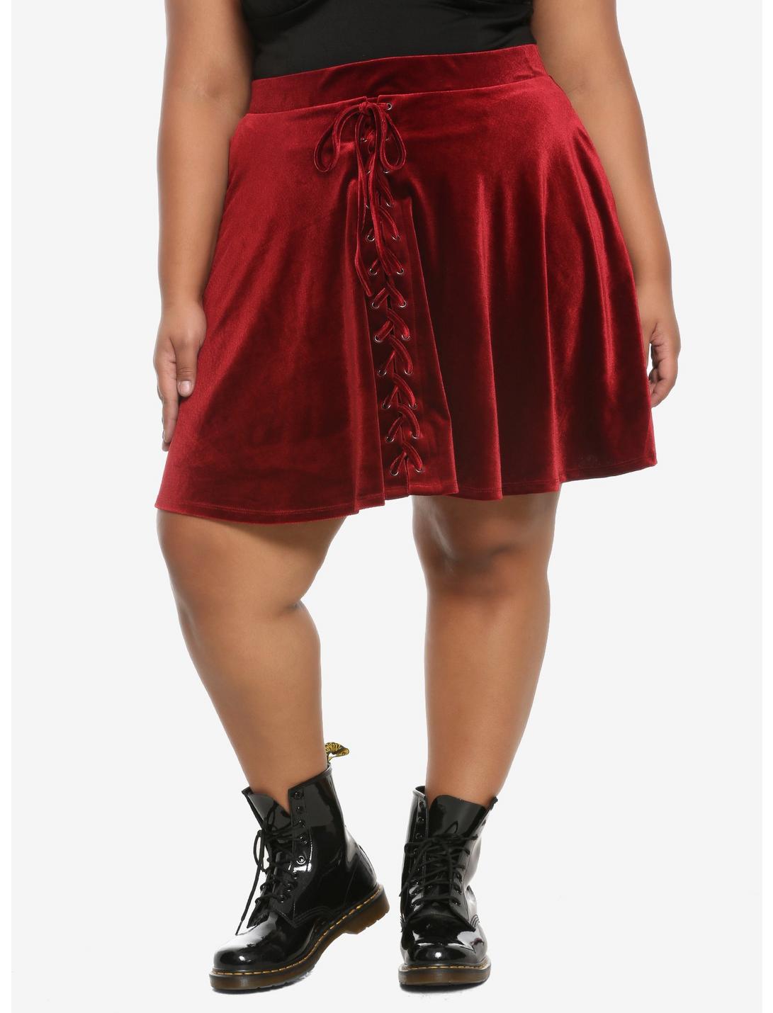 Burgundy Velvet Lace-Up Skater Skirt Plus Size, CABERNET, hi-res