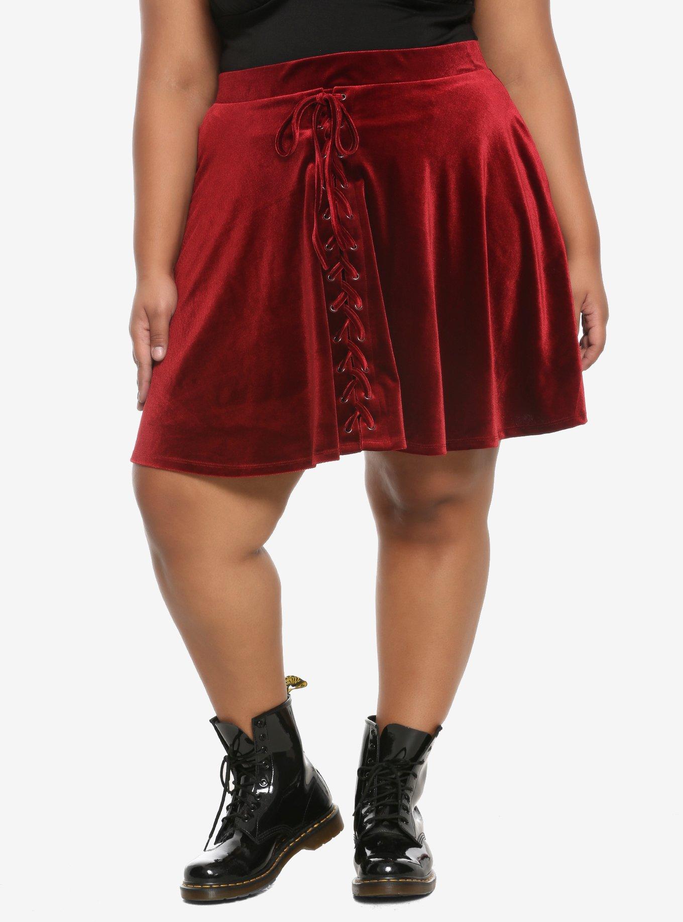 Burgundy Velvet Lace-Up Skater Skirt Plus Size, CABERNET, hi-res