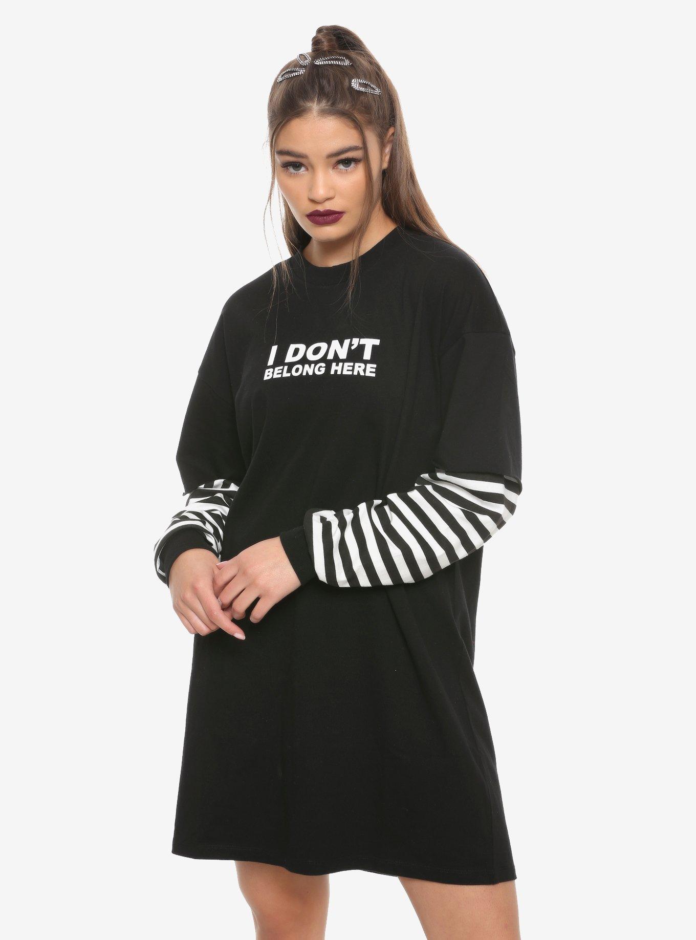 I Don't Belong Here Long-Sleeve T-Shirt Dress, STRIPES, hi-res