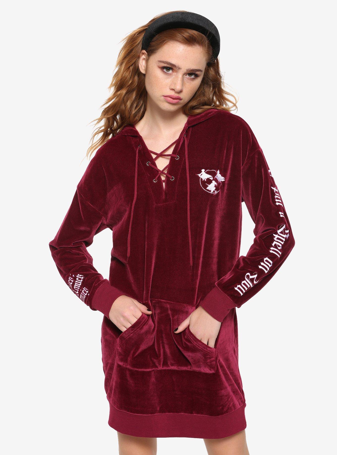 Her Universe Disney Hocus Pocus Velour Lace-Up Hoodie Dress, MAROON, hi-res