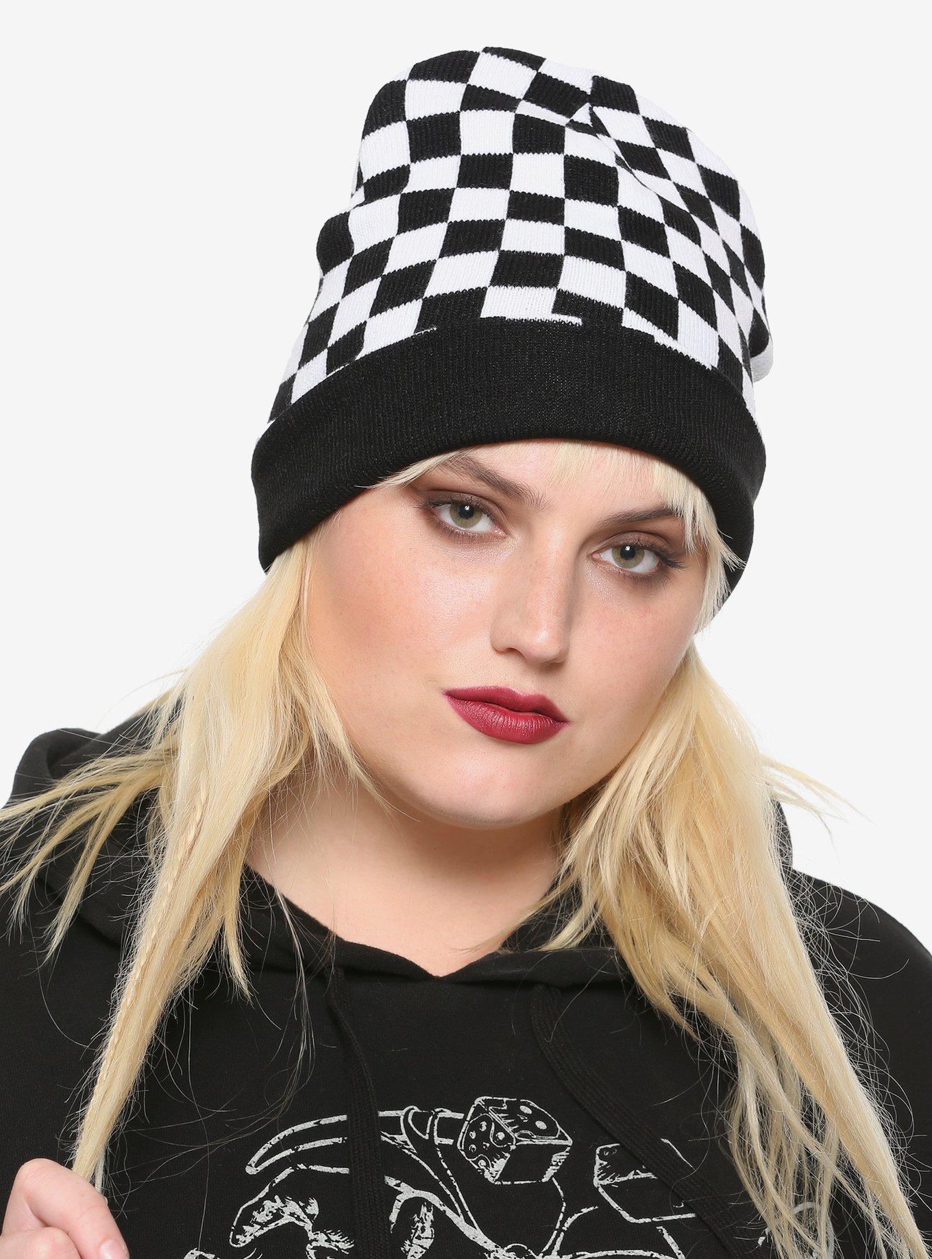 Black & White Checkered Reversible Beanie, , hi-res