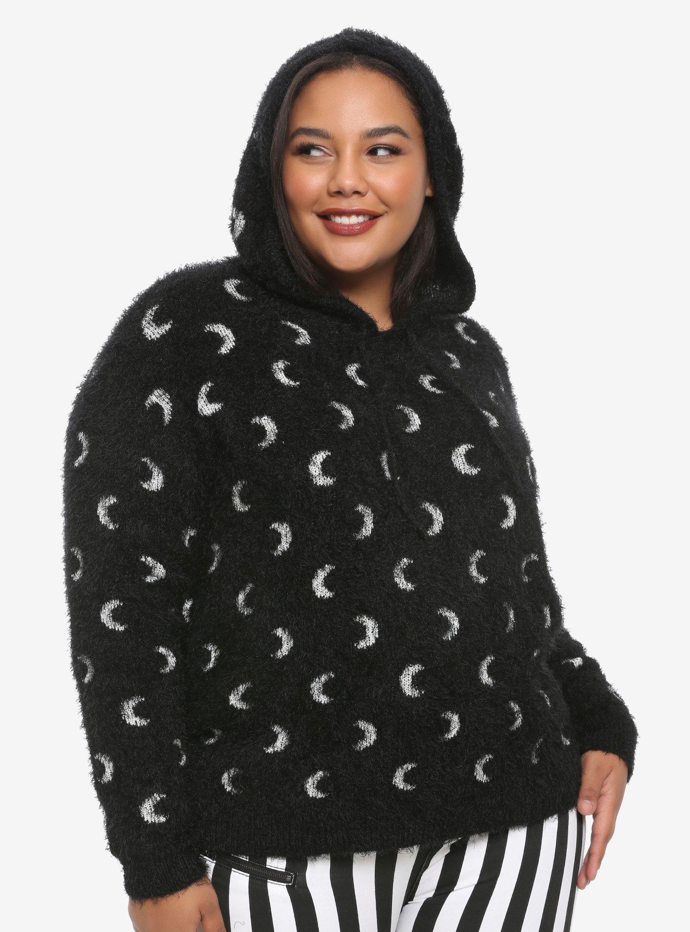 Fuzzy Black & White Moon Girls Hoodie Plus Size, WHITE, hi-res