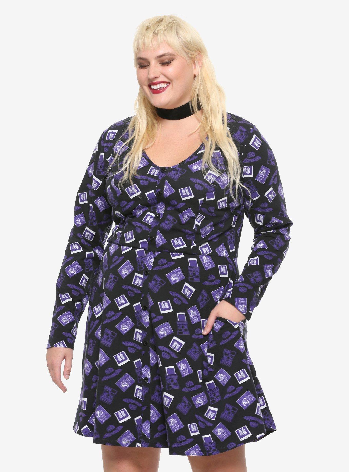 Beetlejuice Lydia Icons Long-Sleeve Dress Plus Size, PURPLE, hi-res