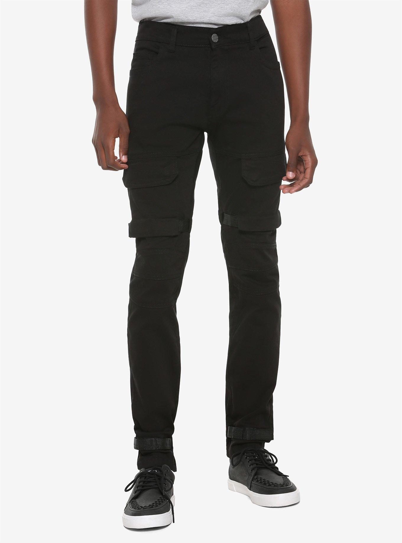 Black Hook & Loop Tape Strap Cargo Pants, BLACK, hi-res