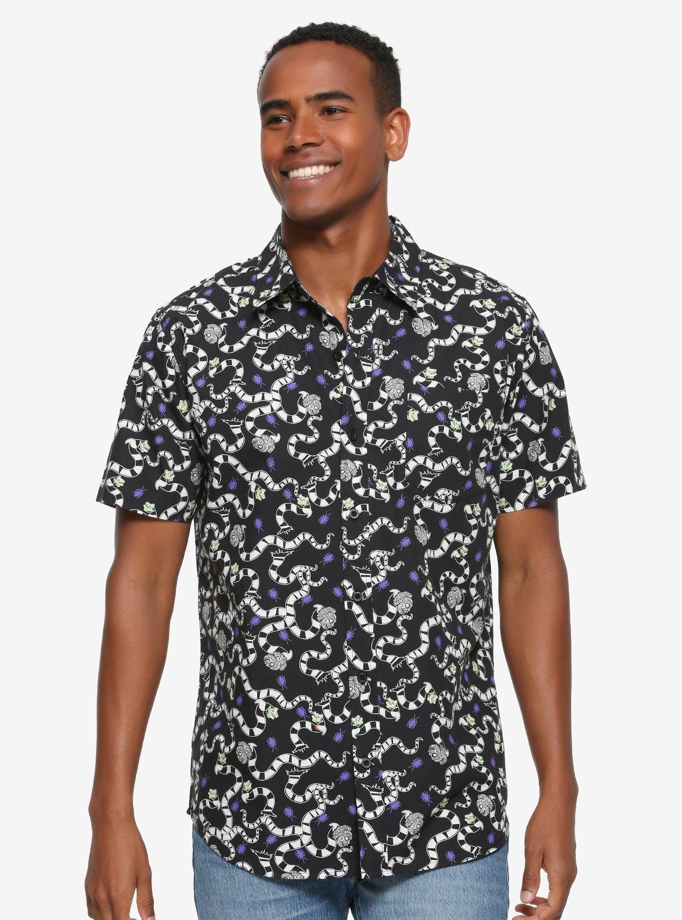 Beetlejuice Sandworm Woven Button-Up - BoxLunch Exclusive, BLACK, hi-res