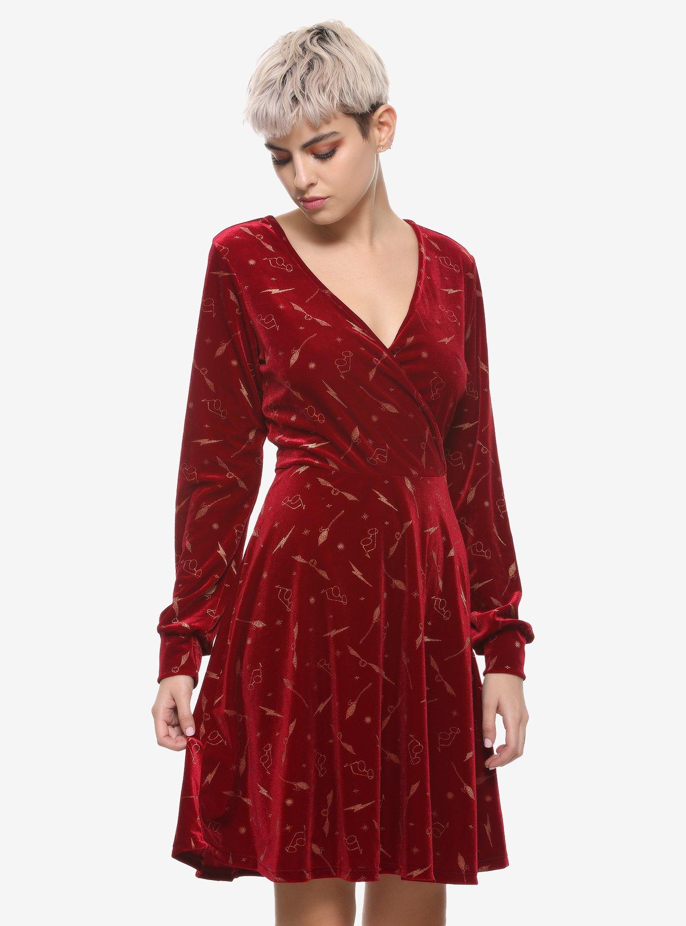 Harry Potter Burgundy Velvet Long-Sleeve Dress, MAROON, hi-res