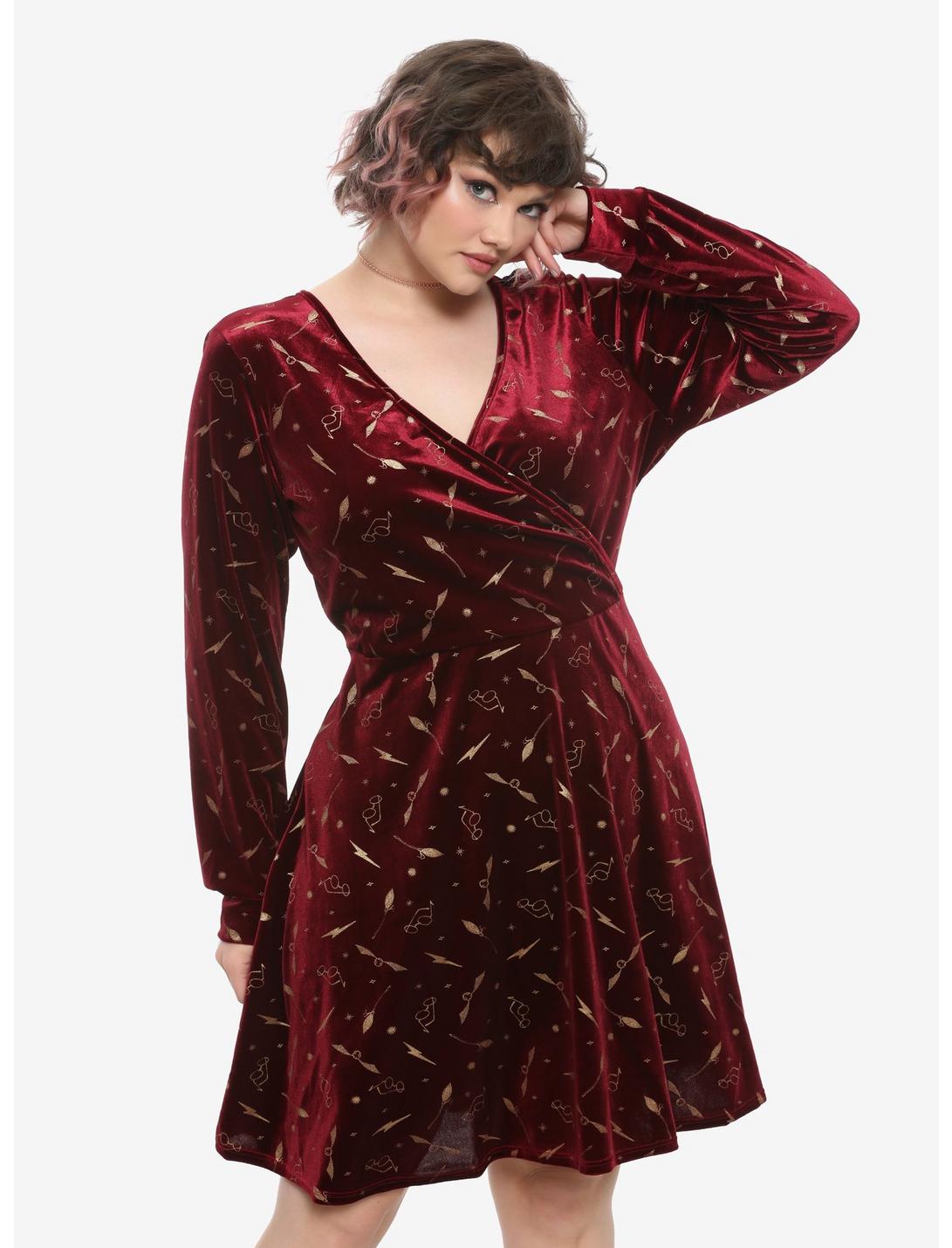 Harry Potter Burgundy Velvet Long-Sleeve Dress Plus Size, MAROON, hi-res