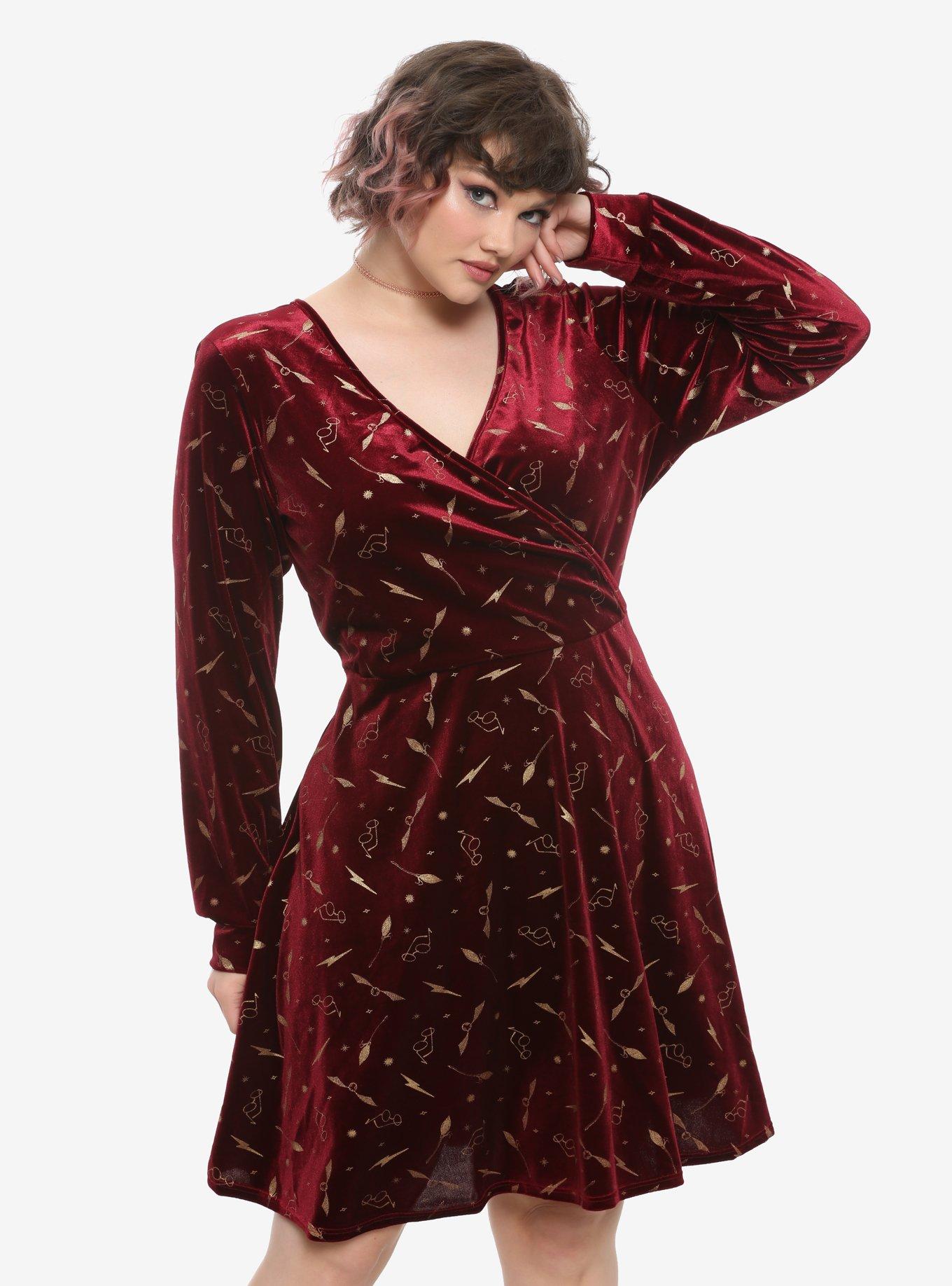 Harry Potter Burgundy Velvet Long-Sleeve Dress Plus Size, MAROON, hi-res