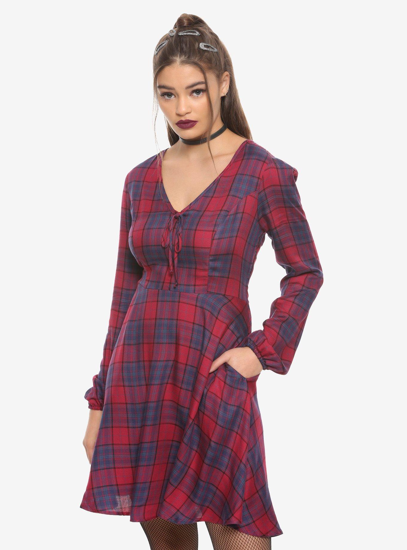 Burgundy & Blue Long-Sleeve Babydoll Dress, PLAID, hi-res