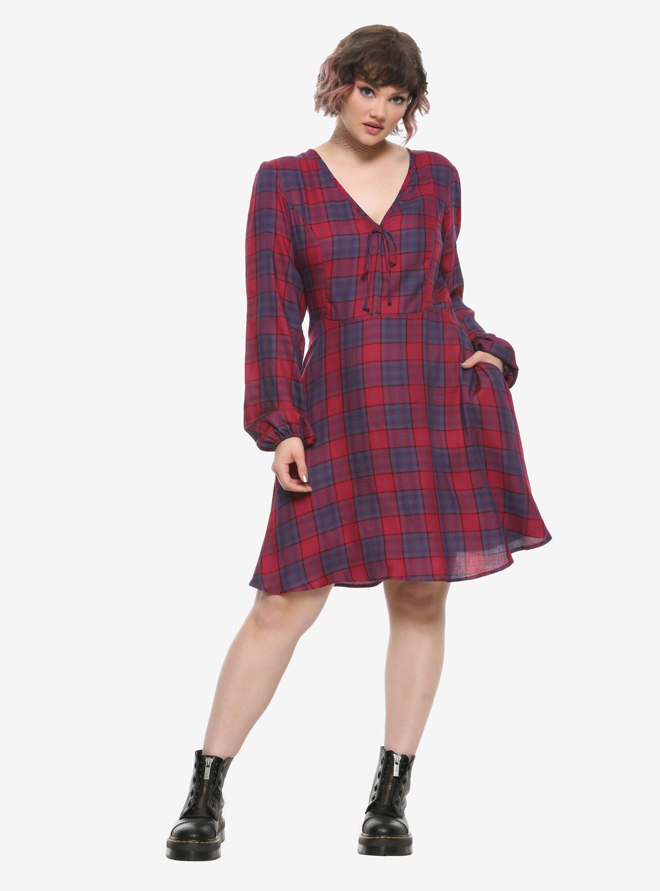 Burgundy & Blue Long-Sleeve Babydoll Dress Plus Size, PLAID, hi-res