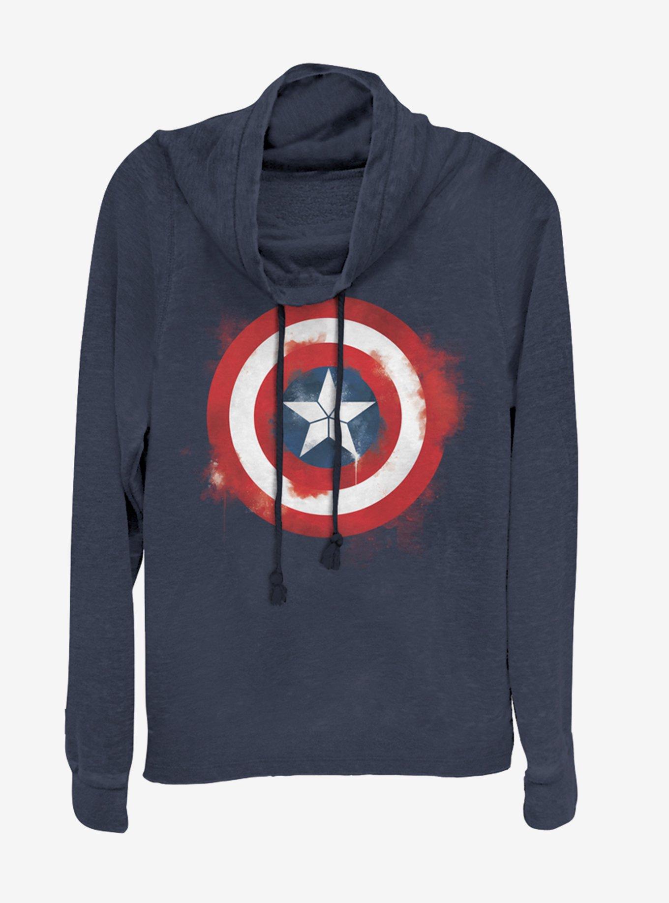 Marvel Avengers: Endgame Captain America Spray Logo Cowlneck Long-Sleeve Girls Navy Blue Top, NAVY, hi-res