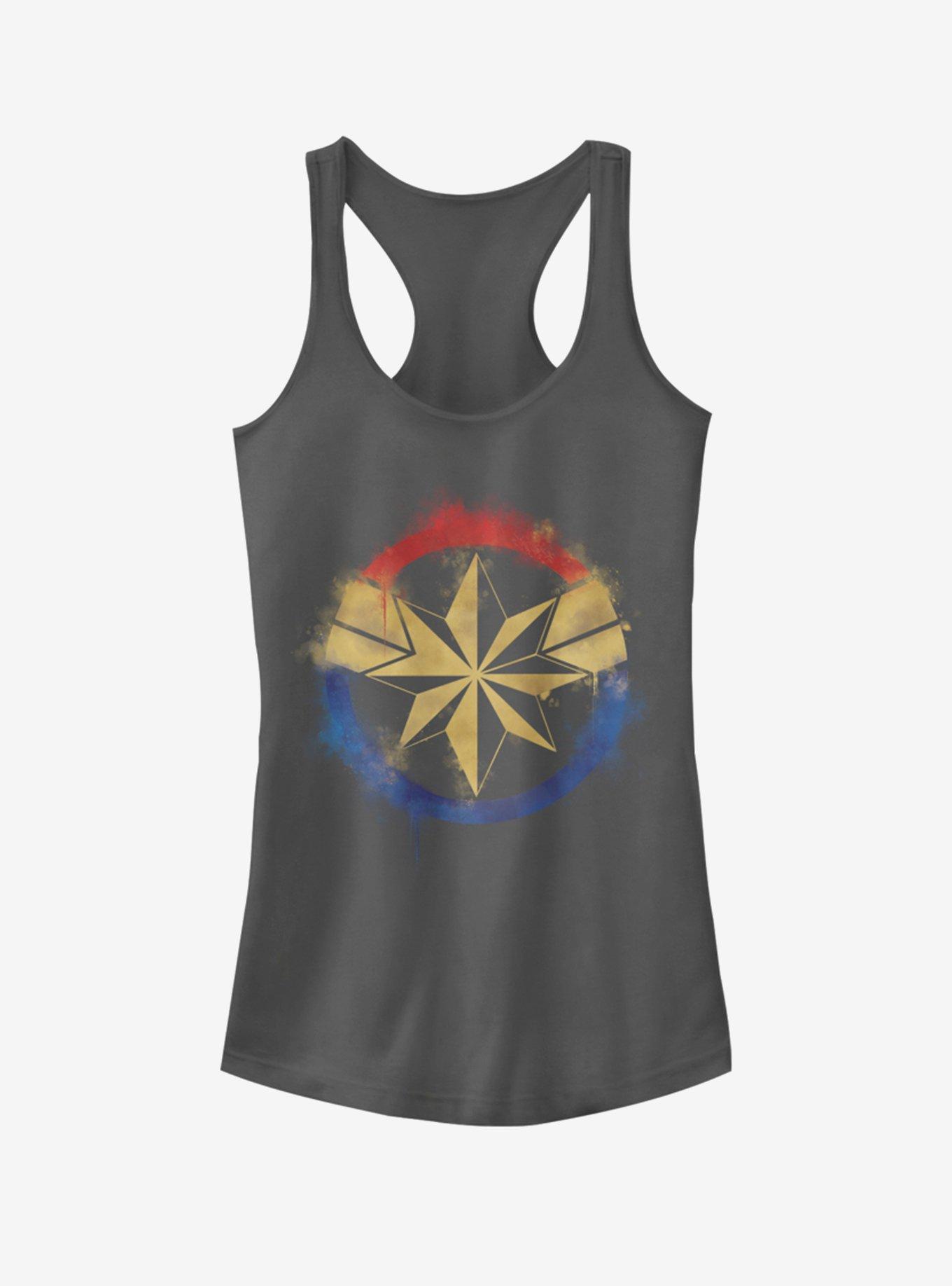 Marvel Avengers: Endgame Captain Marvel Spray Logo Girls Charcoal Grey Tank Top, CHARCOAL, hi-res