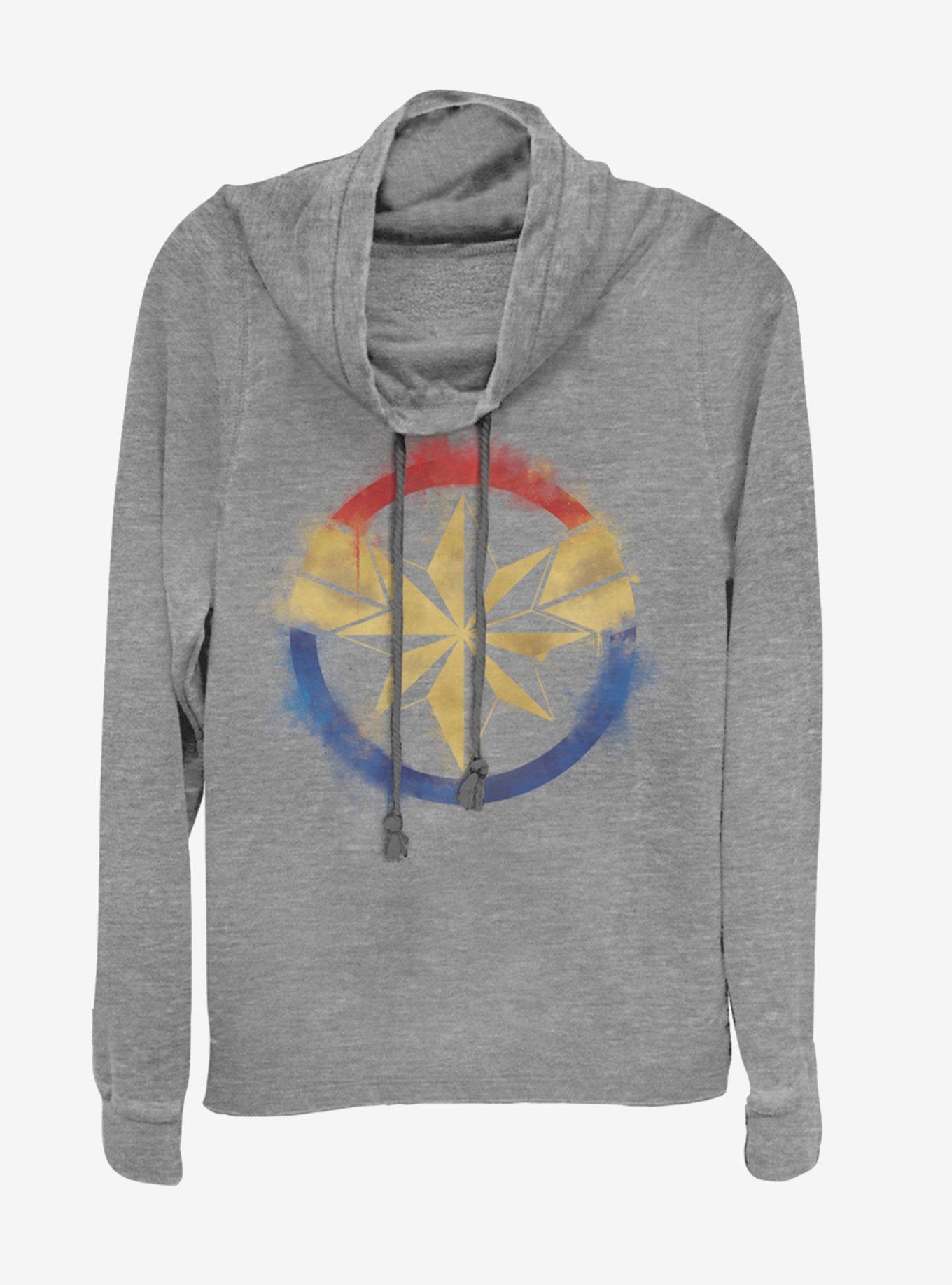 Marvel Avengers: Endgame Captain Marvel Spray Logo Cowlneck Long-Sleeve Girls Grey Heathered Top, GRAY HTR, hi-res