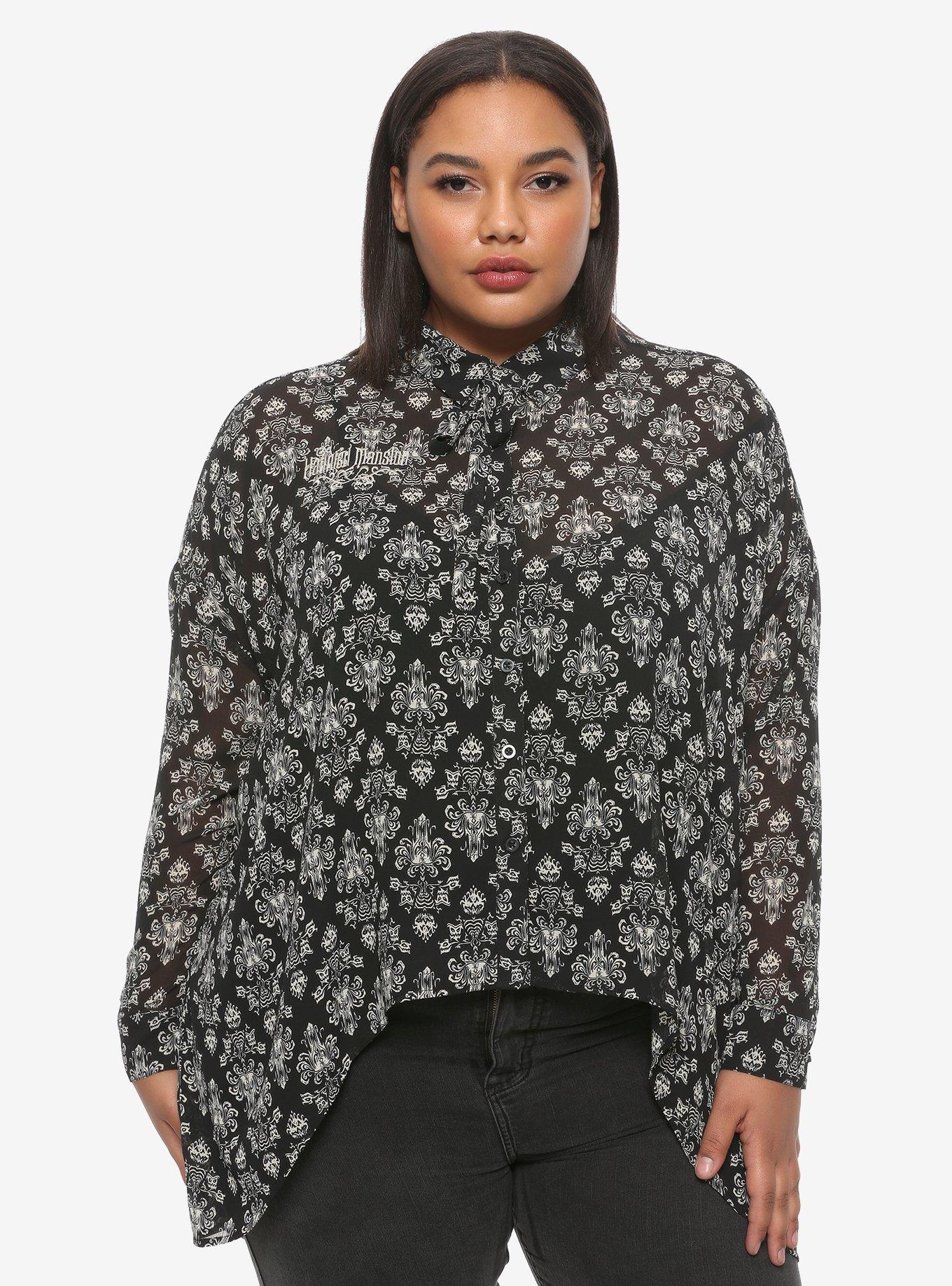 Her Universe Disney The Haunted Mansion Wallpaper Hi-Low Girls Woven Button-Up Plus Size, GREY, hi-res